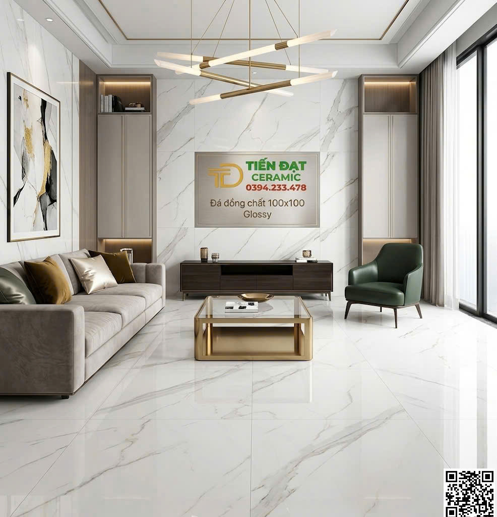 Gạch Đá Đồng Chất 100x100 Trắng Vân Lát Phòng Khách