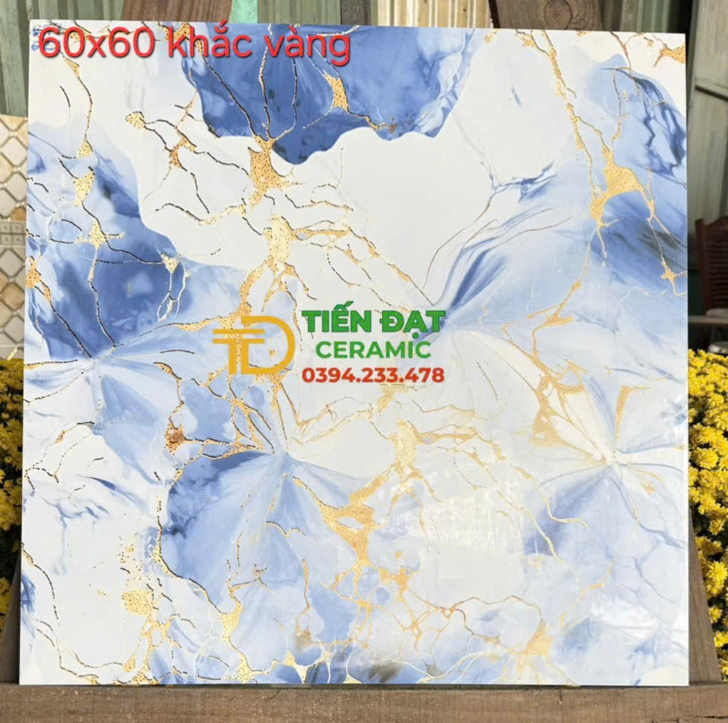 Gạch Bóng Kiếng TQ Khắc Vàng 60x60 Trắng Xanh Ánh Vàng