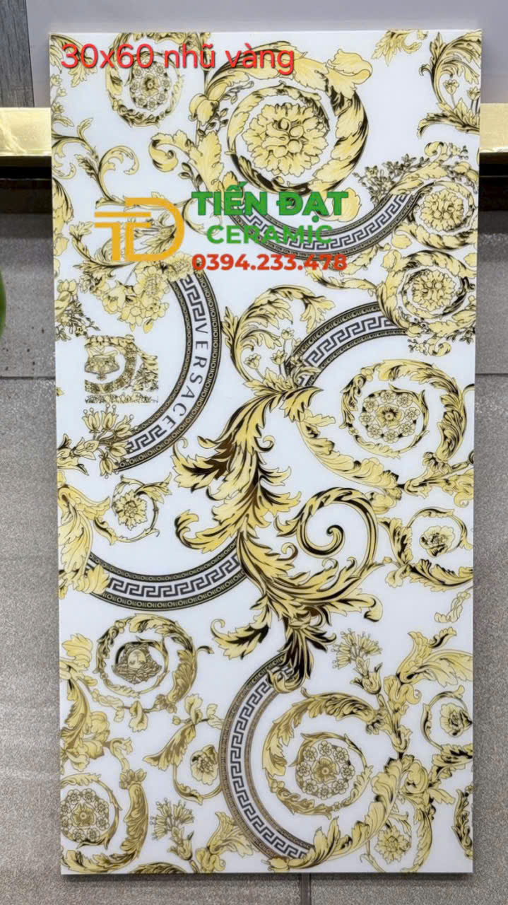 Gạch Bóng Kính Khắc Vàng TQ 30x60 Hoa Văn Trắng Vàng