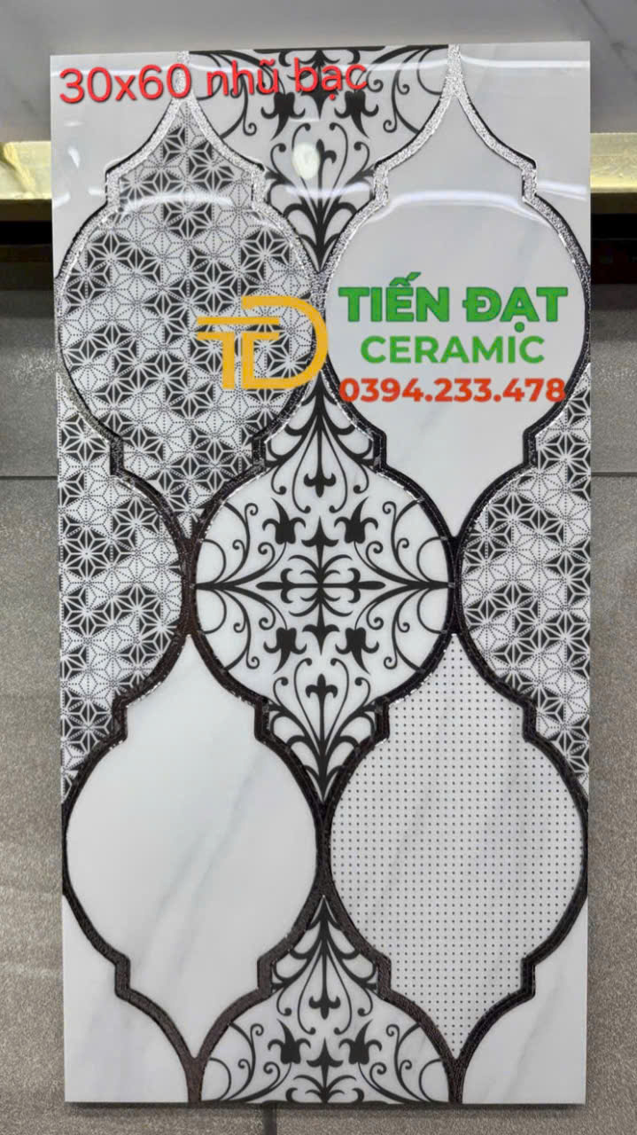 Gạch Ép Kính Nhũ Vàng 30x60 Ô Vuông Xanh Trắng Trang Trí