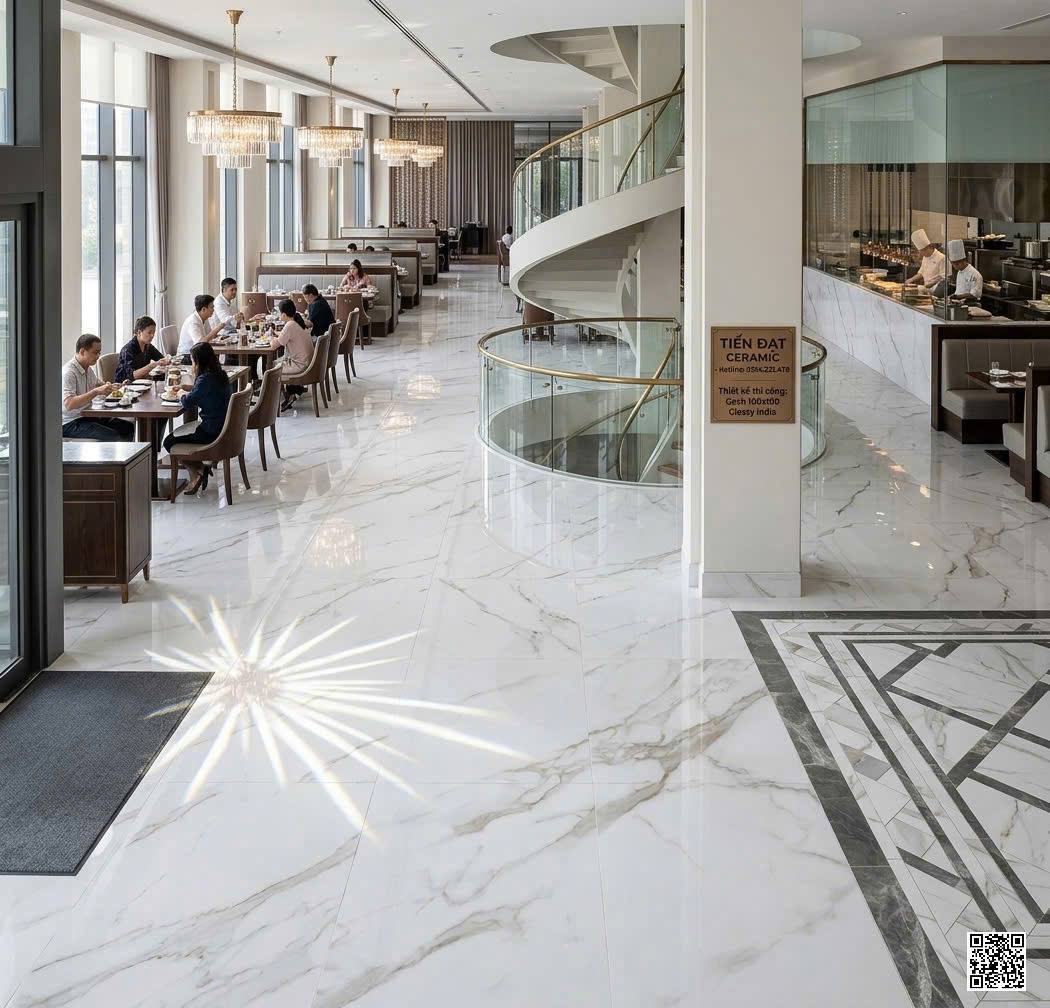 Gạch lát Nền Nhà Hàng Cao Cấp 100x100 Trắng Vân Xám Vàng