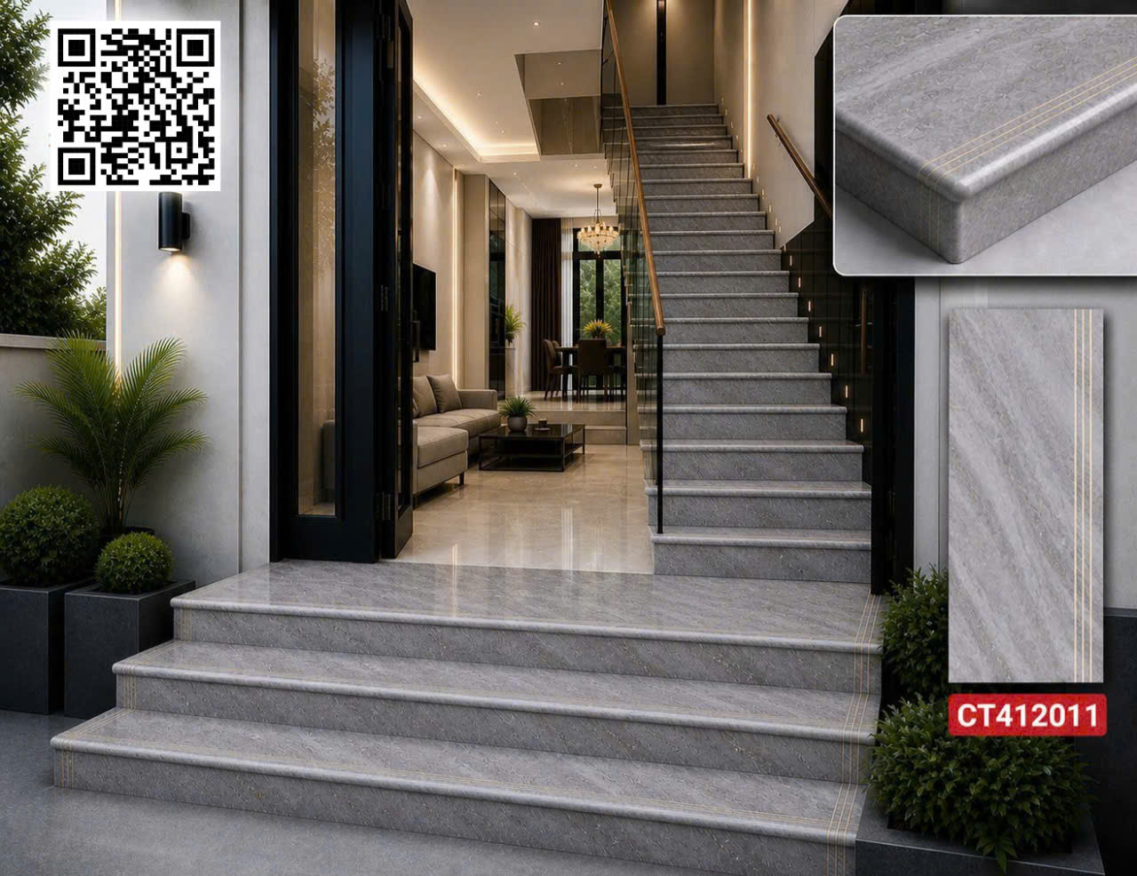 Gạch Đá Cầu Thang 47x120 Vân Xám Đá Ánh Kim Vàng