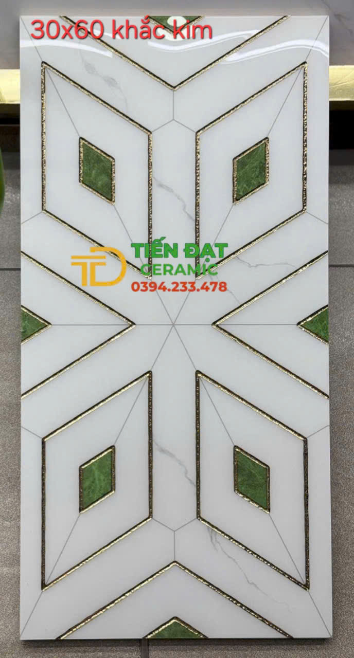 Gạch Ép Kính Nhũ Vàng 30x60 Ô Vuông Xanh Trắng Trang Trí