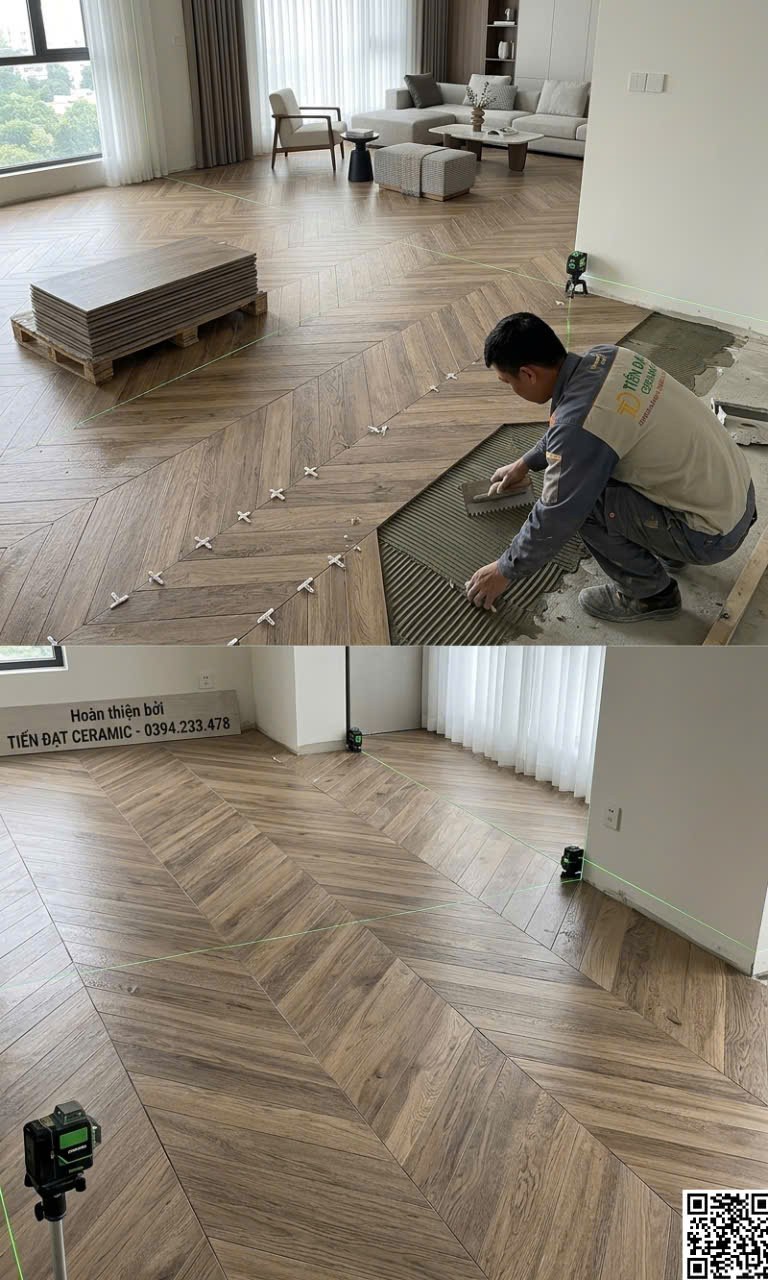 Gạch Lát Nền Giả Gỗ Ghép Xương Cá 60x120 TQ Nâu Đậm