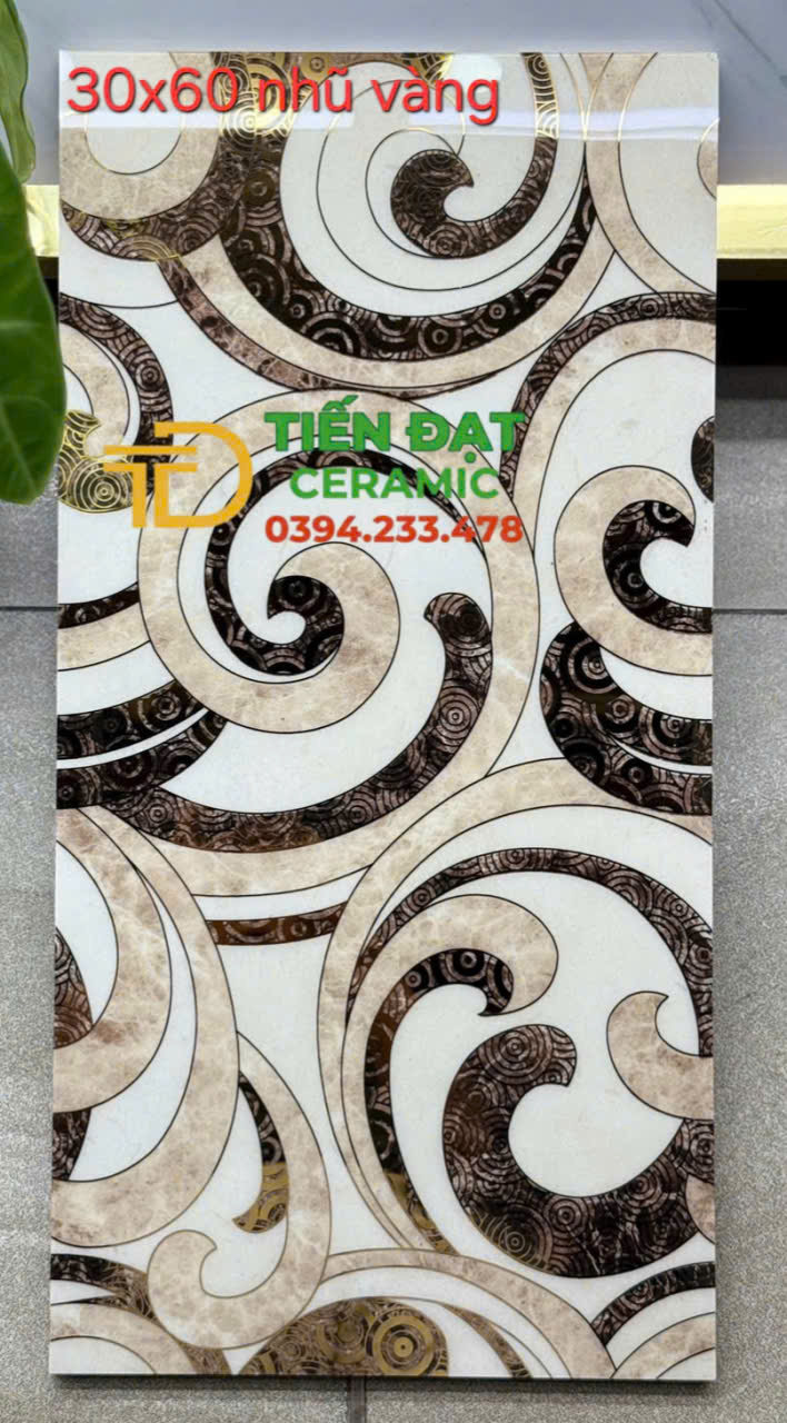 Gạch Hoa Văn Trắng Đen 30x60 Bóng Kính Nhũ Vàng Tại Quận 7