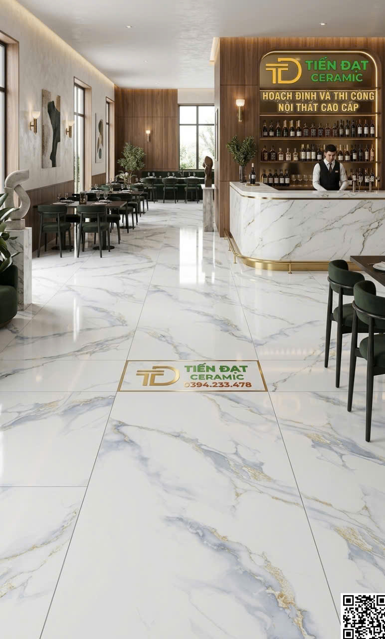 Gạch Ý Mỹ 60x120 Lát Quầy Tiếp Tân Trắng Xám Ánh Vàng