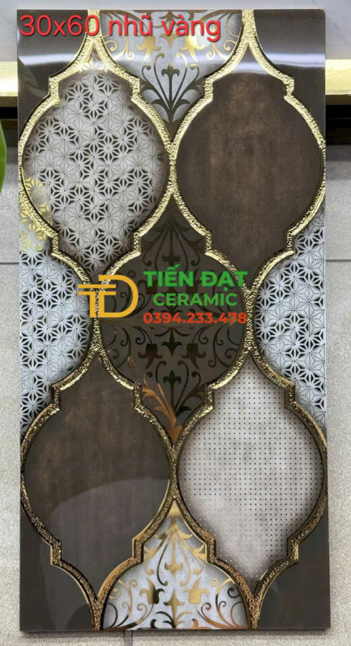 Gạch Kính Cường Lực 30x60 Hoa Văn Khắc Vàng