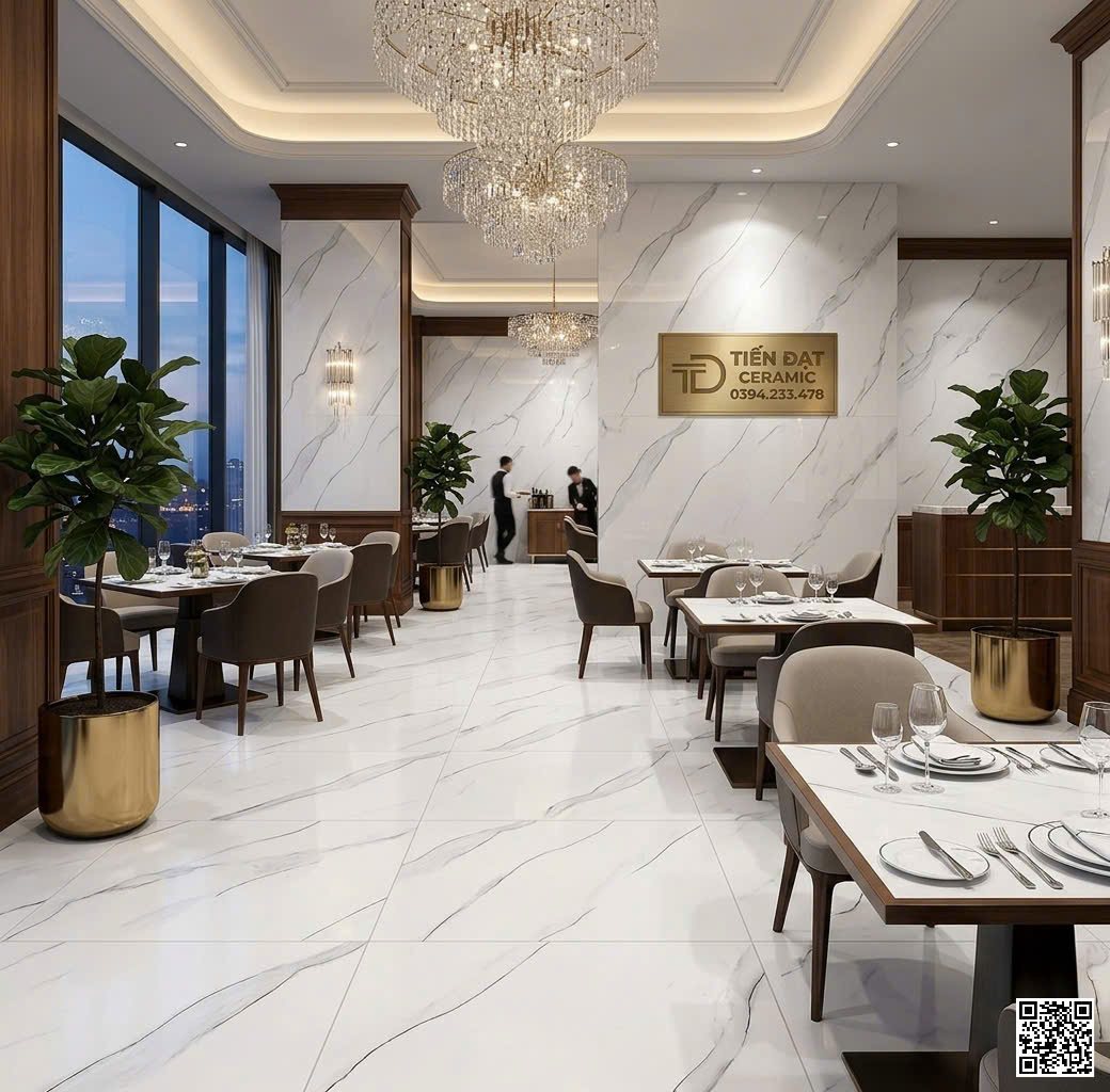 Gạch Ốp Lát Nhà Hàng Cao Cấp 60x60 Trắng Khắc Kim Vàng