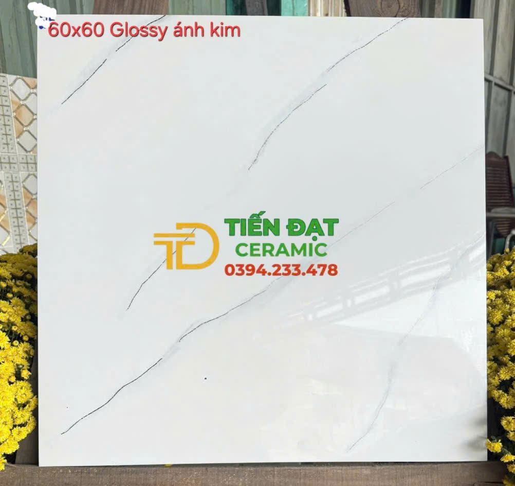 Gạch Lát Nền Phòng Khách 60x60 Trắng Khắc Kim Vàng TQ