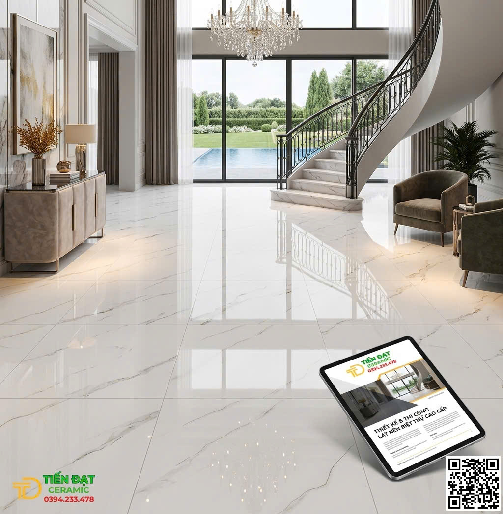 Gạch Cao Cấp TQ 100x100 Trắng Nhũ Vàng Lát Phòng khách