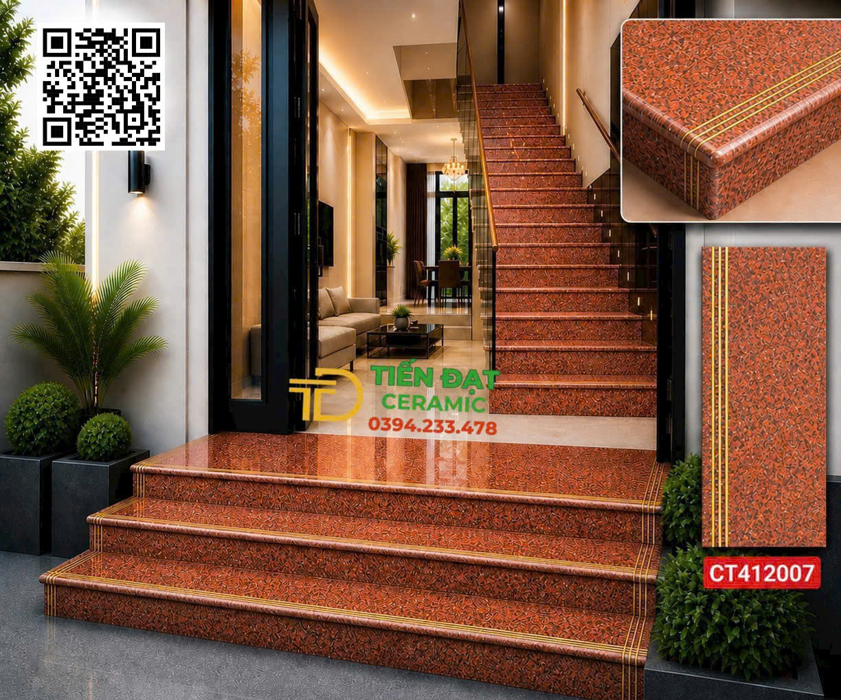Gạch Lót Cầu Thang 47x120 Đỏ Hoa Cương Khắc Kim Vàng