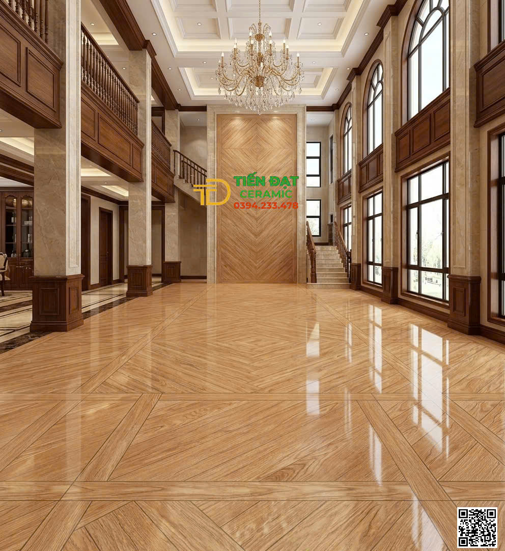 Gạch Vân Gỗ TQ 80x80 Lát Nền Khắc Kim Ánh Vàng