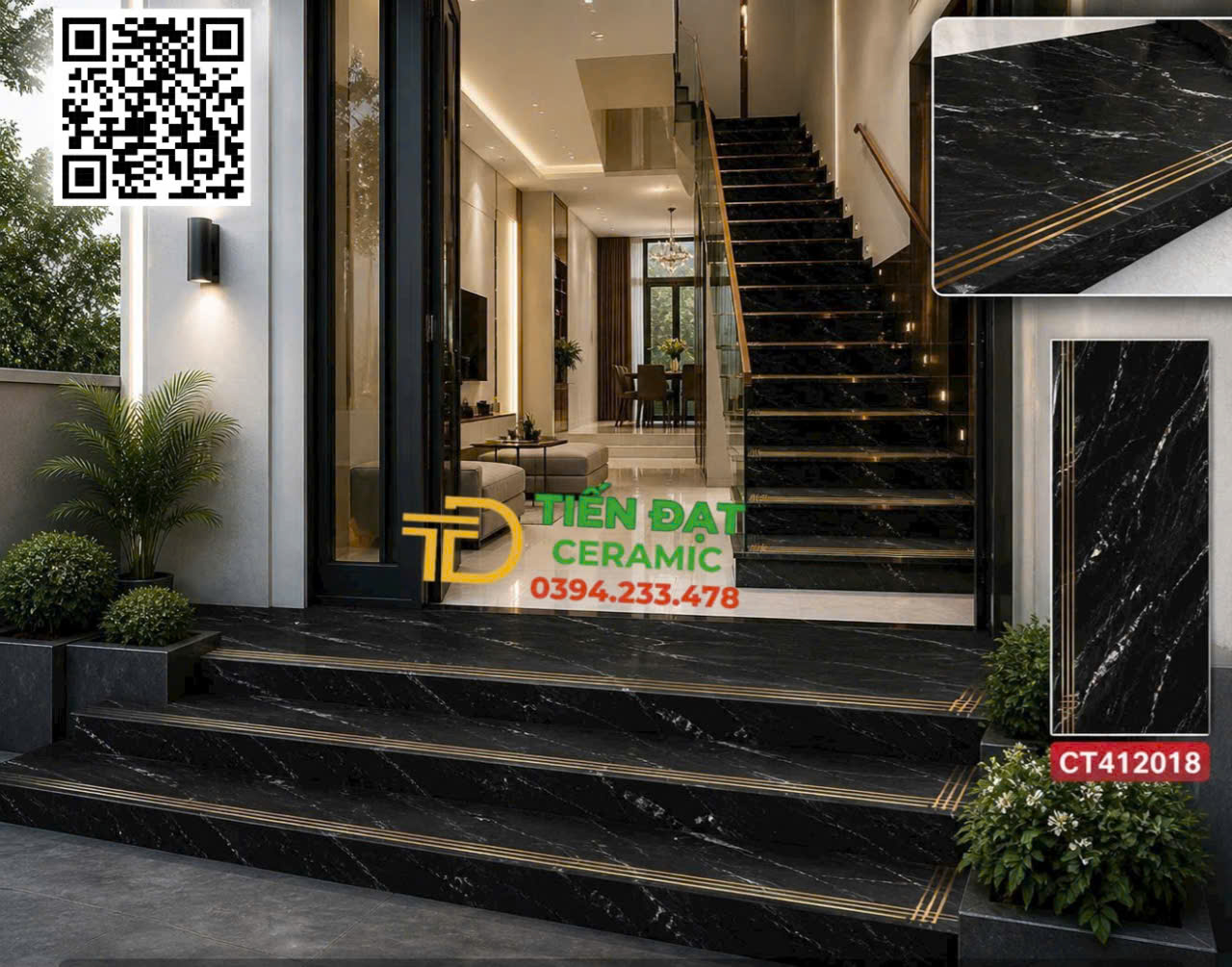 Gạch Nhũ Vàng 47x120 Ốp Cầu Thang Đen Trắng 