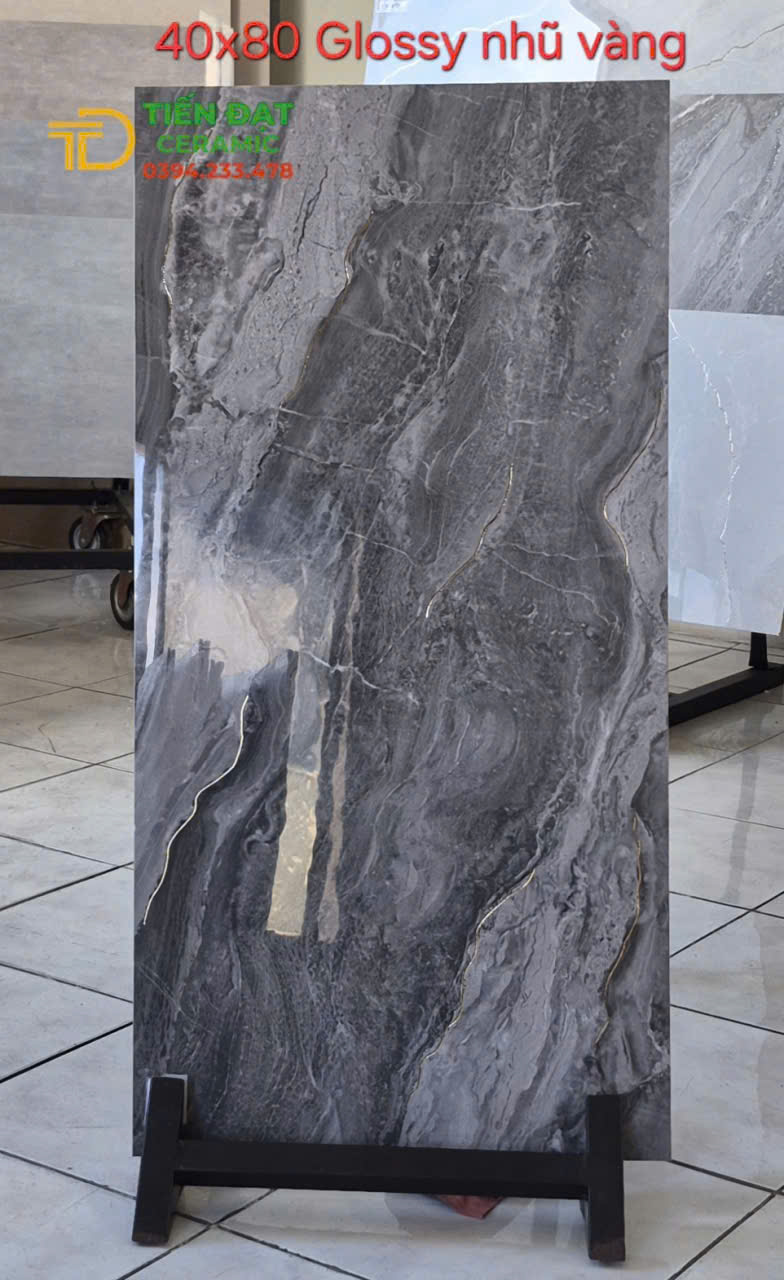 Gạch Nhũ Vàng TQ 40x80 Vân Xám Đậm Ốp Phòng Khách