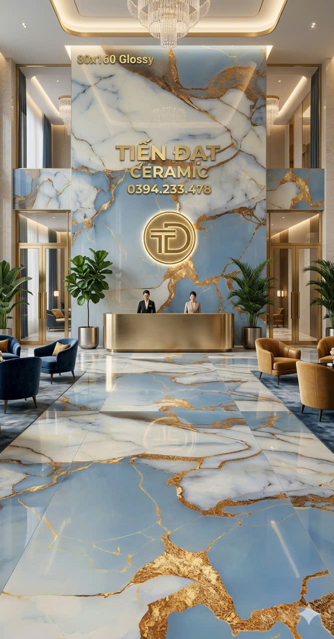 Gạch Lát Nền 80x160 Cao Cấp Xanh Trắng Ánh Vàng