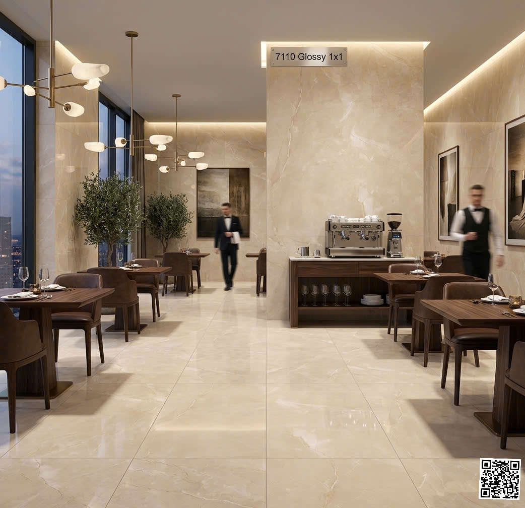 Gạch Ốp Lát Nhà Hàng Phong Cách Châu Âu 100x100 Vân Vàng