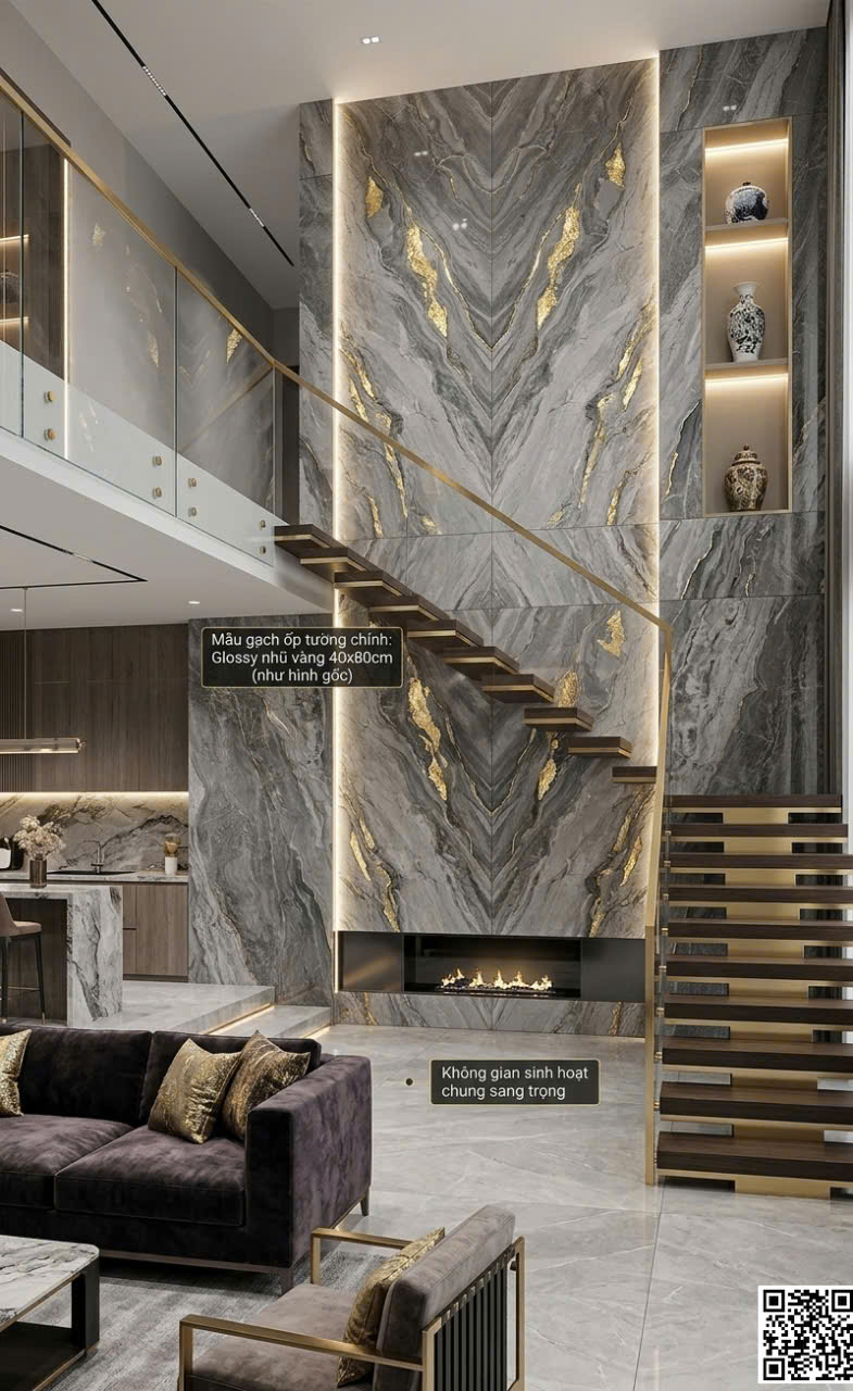 Gạch Nhũ Vàng TQ 40x80 Vân Xám Đậm Ốp Phòng Khách