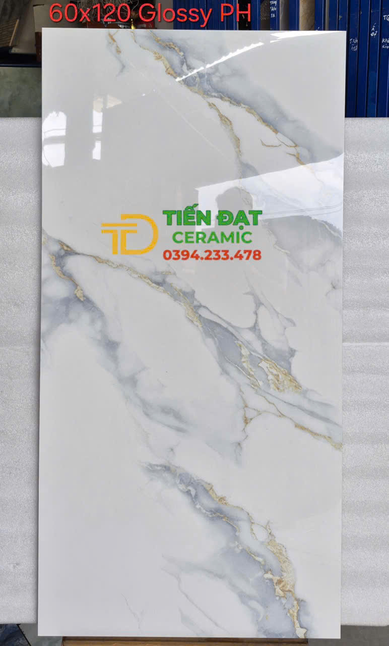 Gạch Ý Mỹ 60x120 Lát Quầy Tiếp Tân Trắng Xám Ánh Vàng