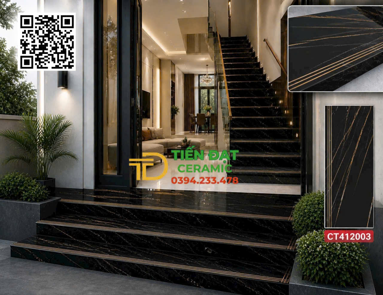 Tổng Kho Gạch Cầu Thang TQ 47X120 Đen Vàng Ánh Kim 
