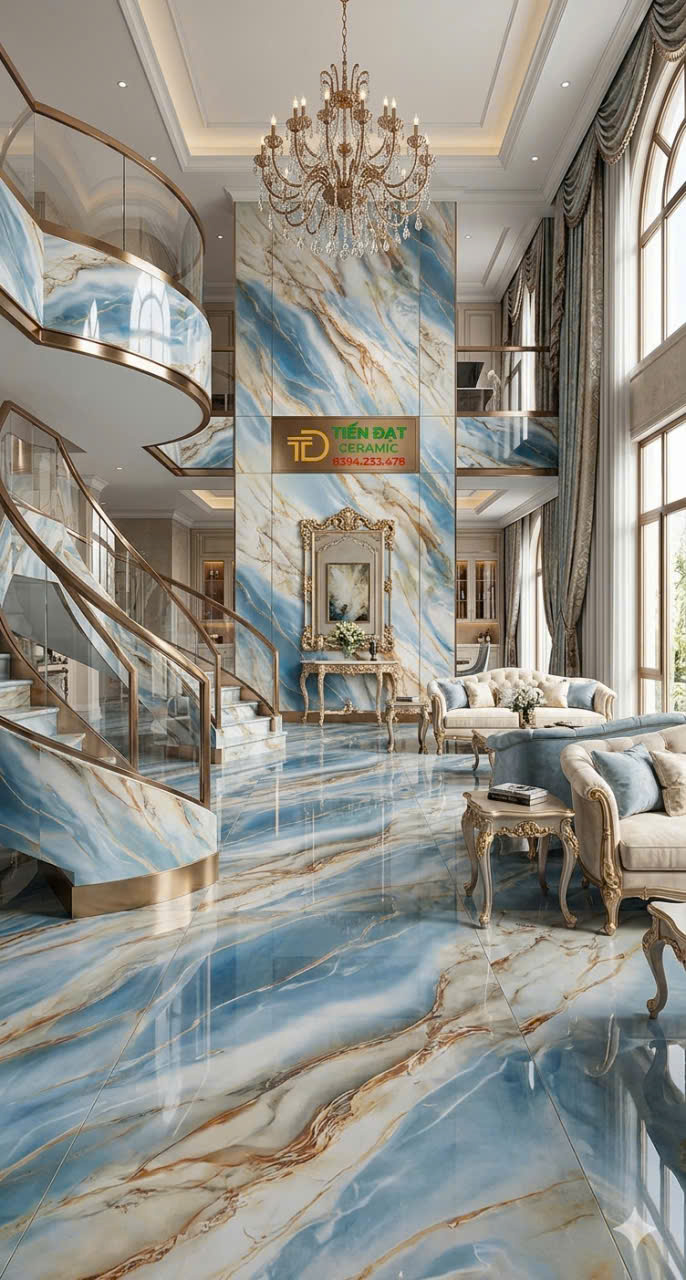 Gạch Khổ Lớn Ốp Lát Biệt Thự 80x160 Xanh Trắng Nhũ Vàng