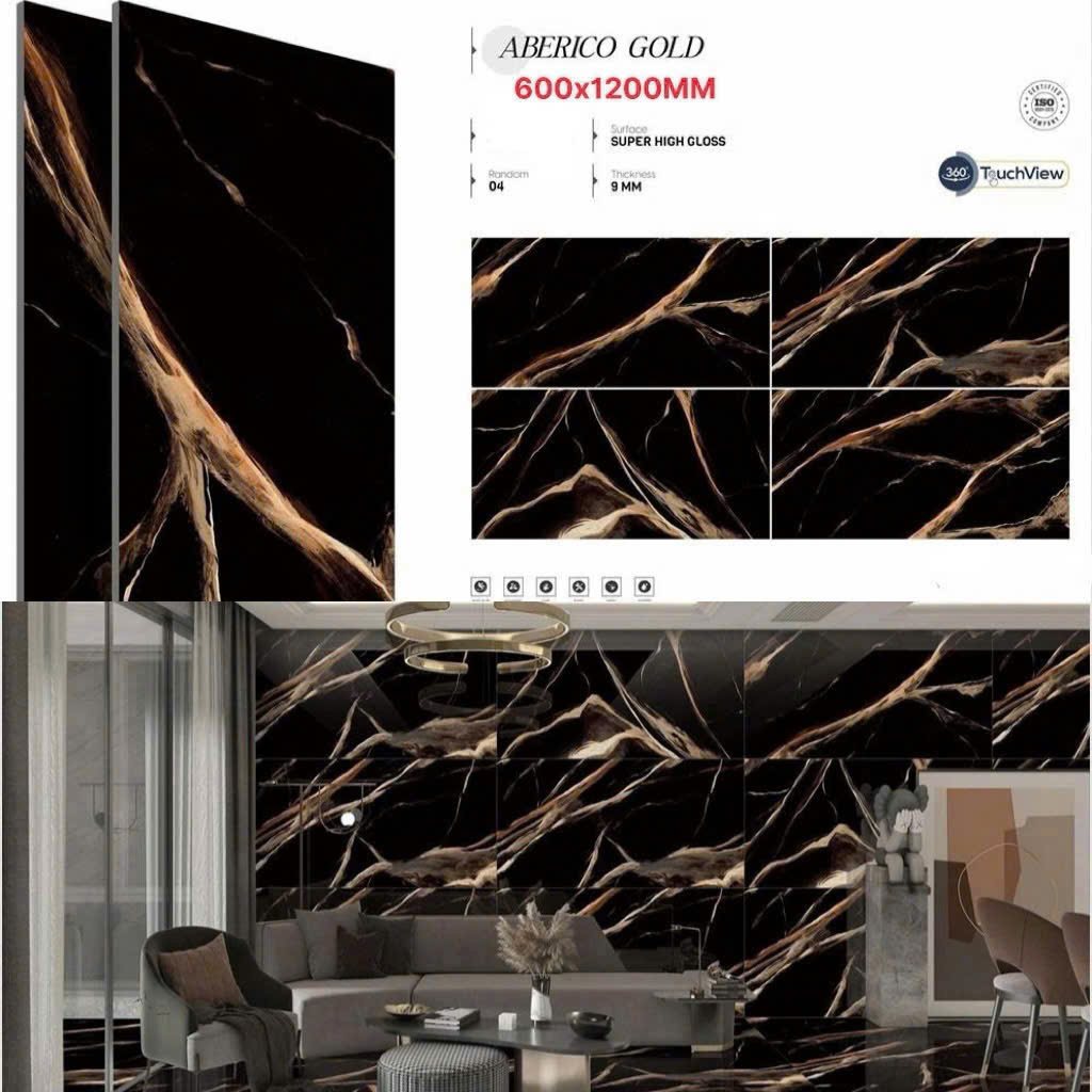 Gạch Ốp Lát 80x160 Khổ Lớn Đen Vân Vàng Bóng Vi Tinh