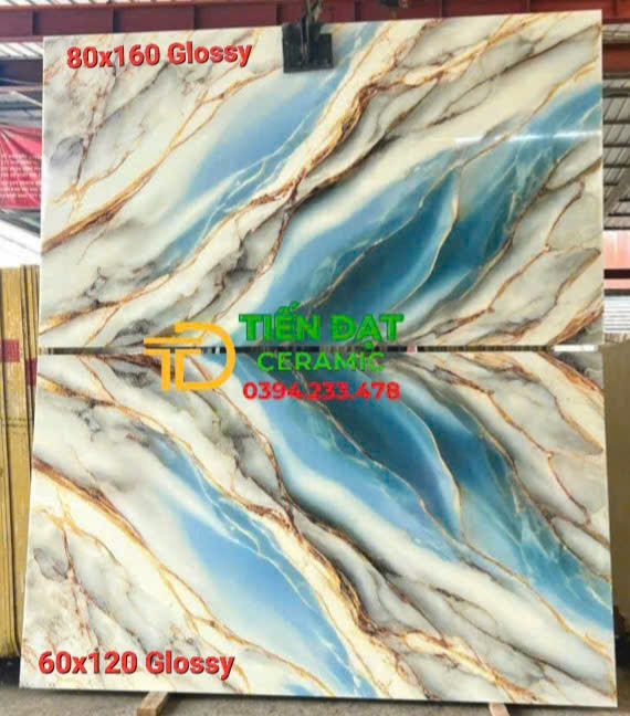 Gạch Khổ Lớn 80x160 Xanh Trắng Khắc Kim Cao Cấp