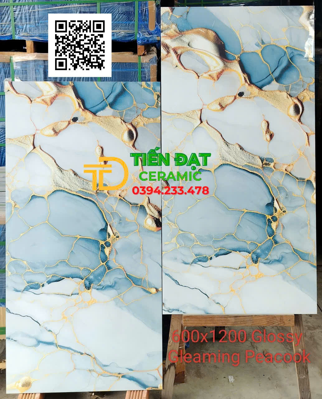 Gạch Lát Nền Phòng Khách 60x120 Xanh Trắng Nhũ Vàng