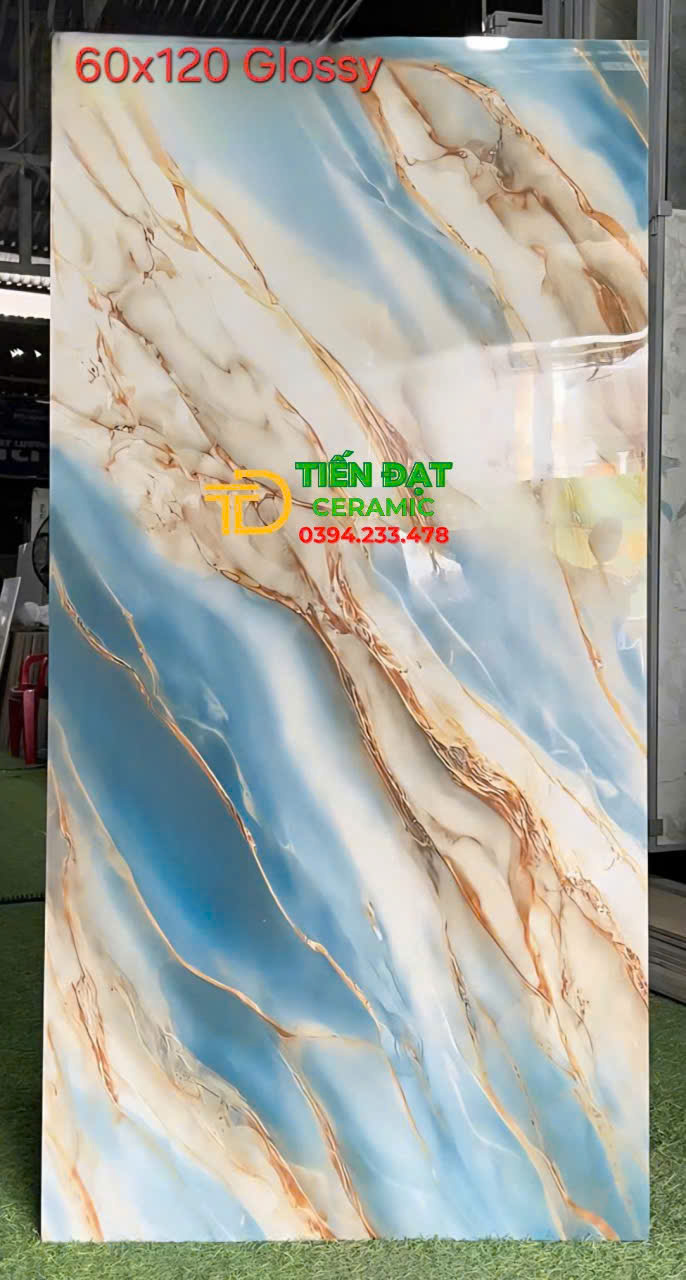 Gạch Ốp Lát Phòng Khách 60x120 Trắng Xanh Khắc Vàng