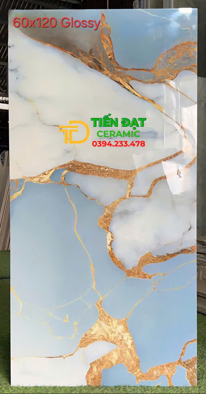 Kho Gạch Ốp Lát 60x120 Bóng Kiếng Trắng Xanh Khắc Kim