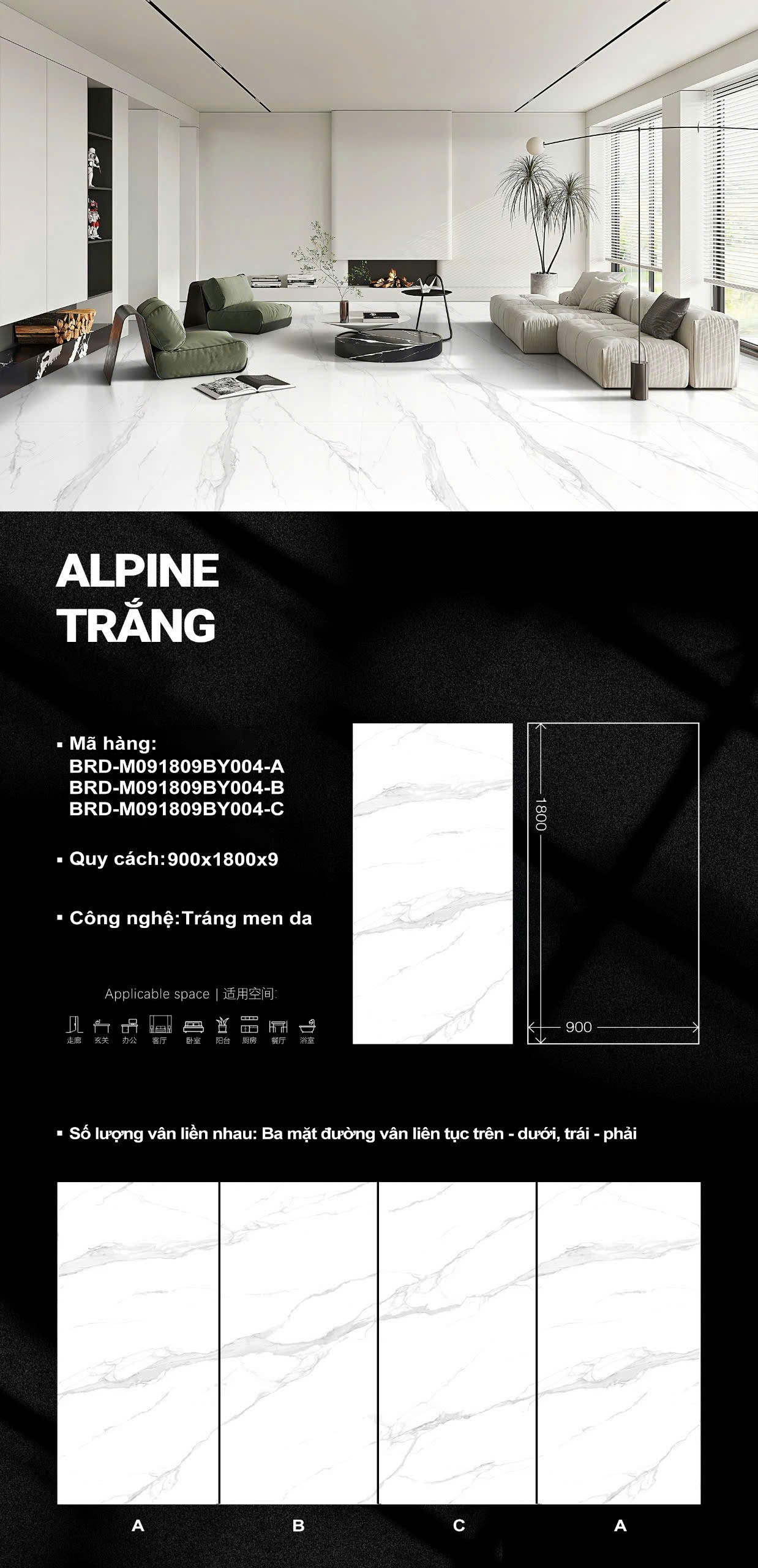 Gạch 90x180 Trung Quốc Trắng Vân Kim Cương Cao Cấp ALPINE