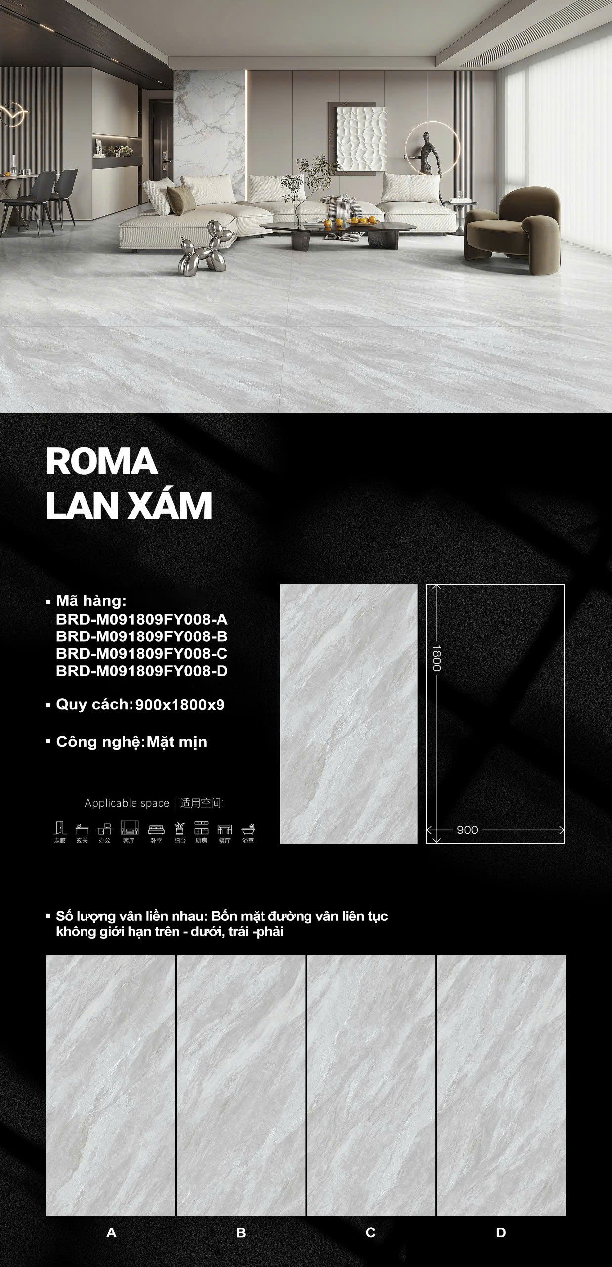 Gạch Bóng Kiếng Kim Cương TQ 90x180 Vân Xám Nhẹ 
