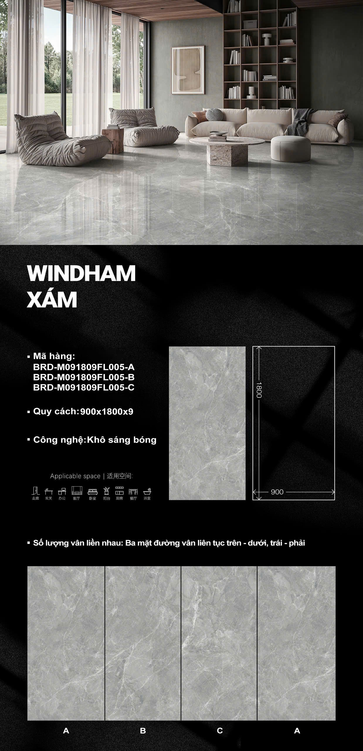 Gạch Đá Khổ Lớn 90x180 Lát Nền Phòng Khách Vân Xám Windham