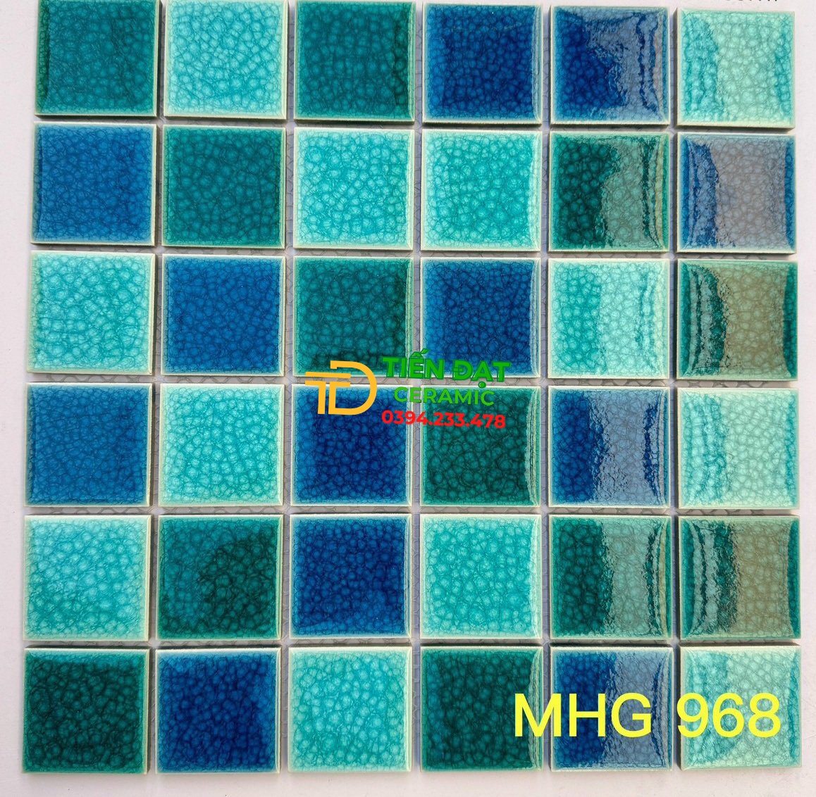 Gạch Mosaic Men Rạn 30x30 Trang Trí Hồ Bơi Mầu Xanh, 