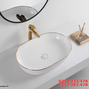 Chậu Sứ Lavabo Để Bàn Màu Trắng Viền Vàng Hình Chữ Nhật Bo Tròn Góc