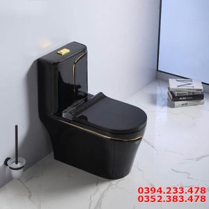 Bồn Cầu 1 Khối Men Đen Viền Kẻ Vàng