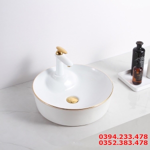 Chậu Lavabo Tròn Trắng Viền Vàng