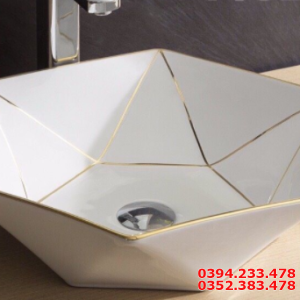 Chậu Lavabo Viền Vàng Trắng Sứ Đặt Bàn Cao Cấp