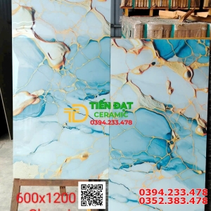 Gạch Bóng Kiếng 60x120 Ấn Độ Vân Xanh Cao Cấp Nhũ Vàng