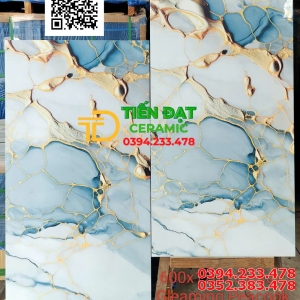 Gạch Lát Nền Phòng Khách 60x120 Xanh Trắng Nhũ Vàng 