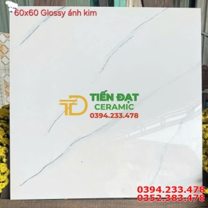 Gạch Lát Nền Phòng Khách 60x60 Trắng Khắc Kim Vàng TQ