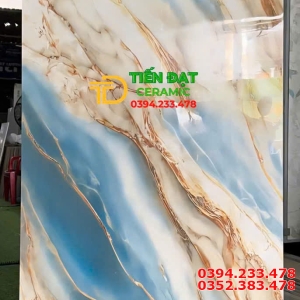 Gạch Ốp Lát Phòng Khách 60x120 Trắng Xanh Khắc Vàng