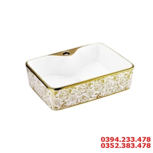 Lavabo Đặt Bàn Vuông Mạ Hoa Văn Vàng