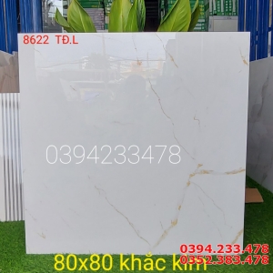Gạch Lát Nền Prime 80x80 Trắng Vân Vàng Khắc Kim