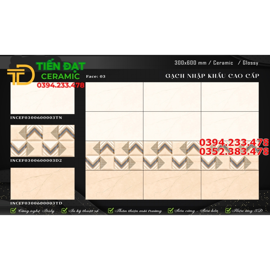 Đai Lý Gạch Ốp Lát Ấn Độ  30x60 Bộ Đậm Nhạt Vân Vàng