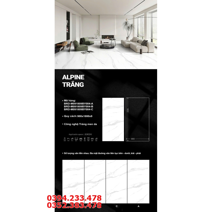 Gạch 90x180 Trung Quốc Trắng Vân Kim Cương Cao Cấp ALPINE