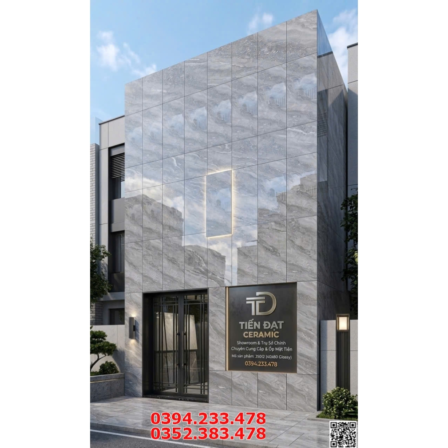 Gạch Bóng Kiếng TQ 40x80 Vân Xám Khắc Kim Ốp Mặt Tiền