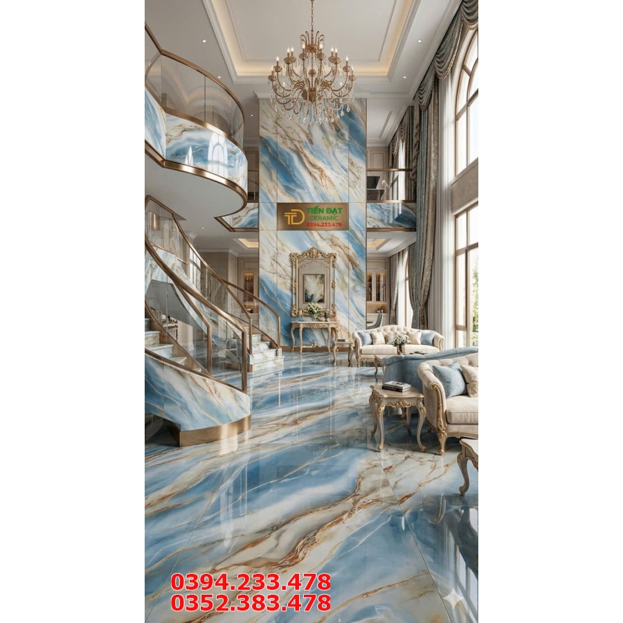 Gạch Khổ Lớn Ốp Lát Biệt Thự 80x160 Xanh Trắng Nhũ Vàng