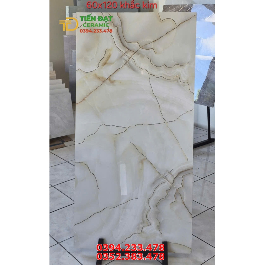 Gạch Bóng Kiếng TQ 60x120 Lát Nền Xanh Nhạt Khắc Vàng
