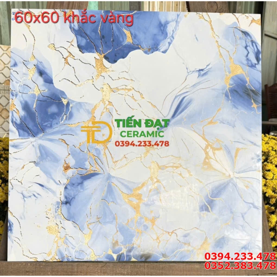 Gạch Bóng Kiếng TQ Khắc Vàng 60x60 Trắng Xanh Ánh Vàng