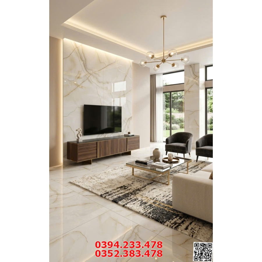 Gạch Bóng Kiếng TQ 60x120 Lát Nền Xanh Nhạt Khắc Vàng